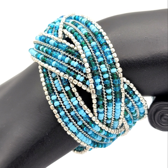 Wire Wrap Blue Seed Bead Woven Braided Wide Cuff Bracelet Vintage - Picture 2 of 8